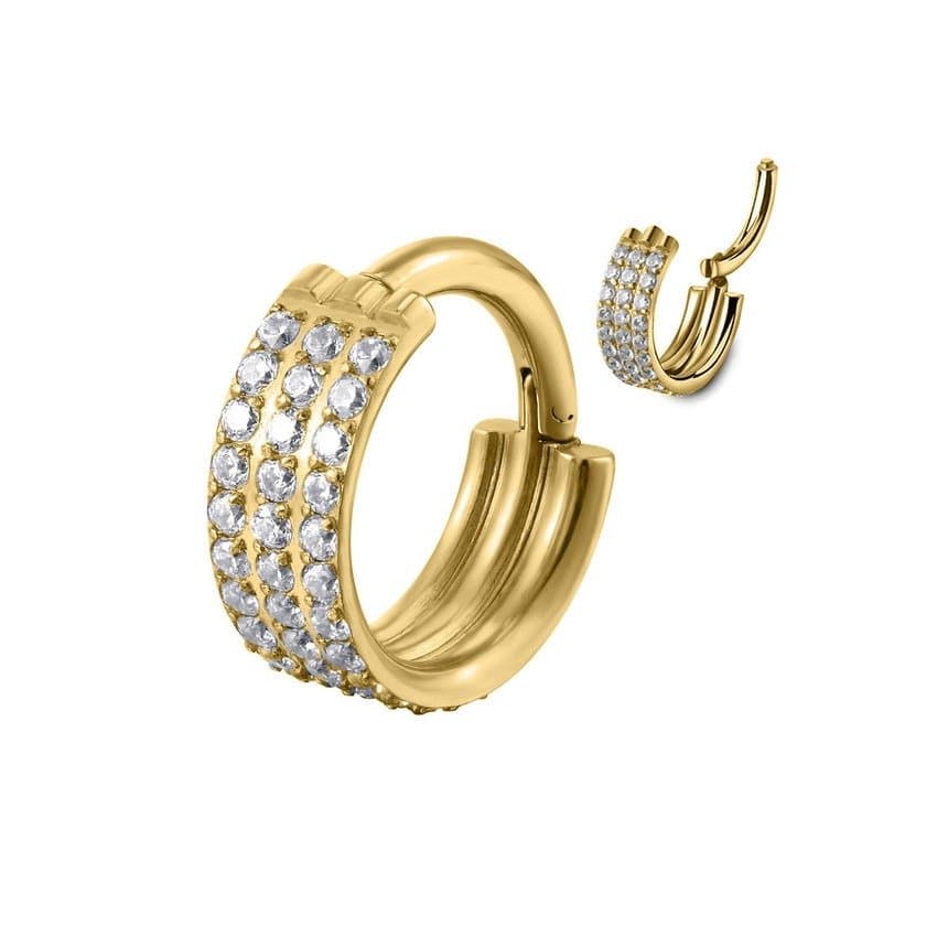 Piercing Hélix Conch Argola Clicker Tripla com Zircônias em Titânio PVD Gold