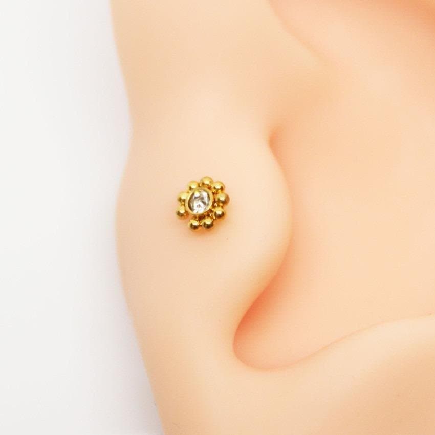 Piercing Tragus Mini Labret Petit Fleur com Zircônias  Cristal Aço PVD Gold