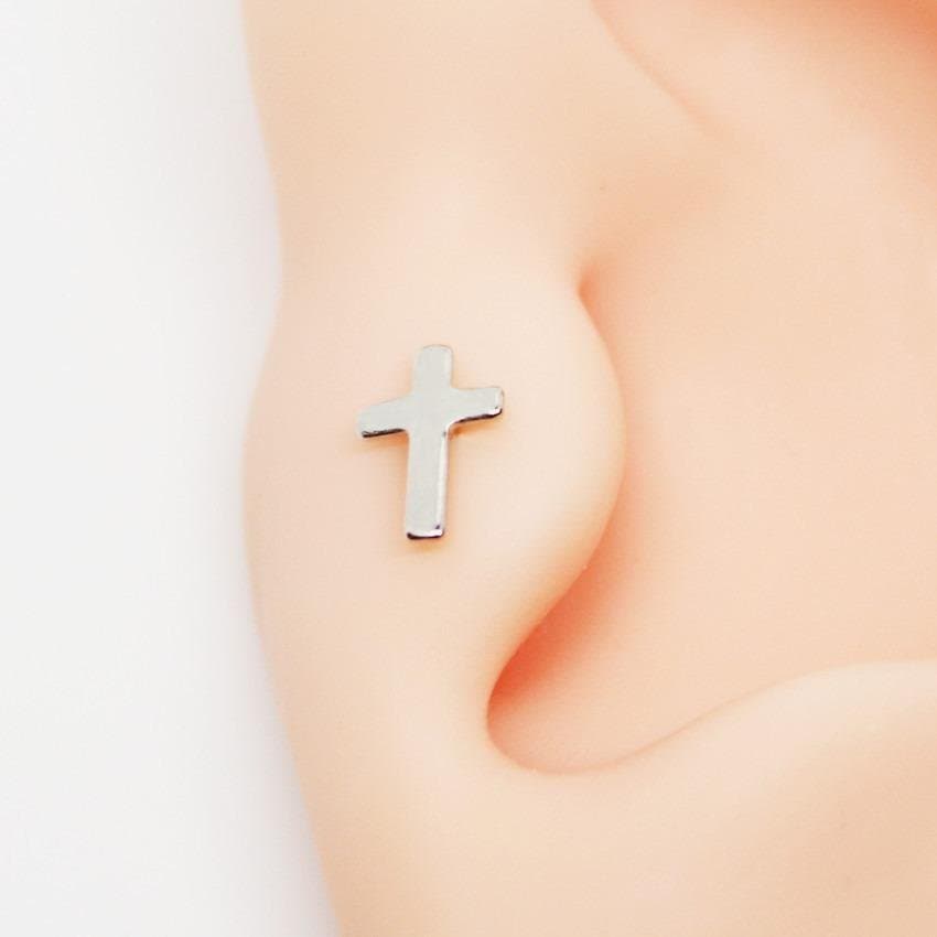 Piercing Tragus Cruz Folheado a Ouro Branco
