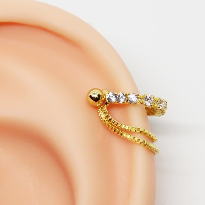 Piercing Hélix Corrente Tripla Folheada com Zircônias