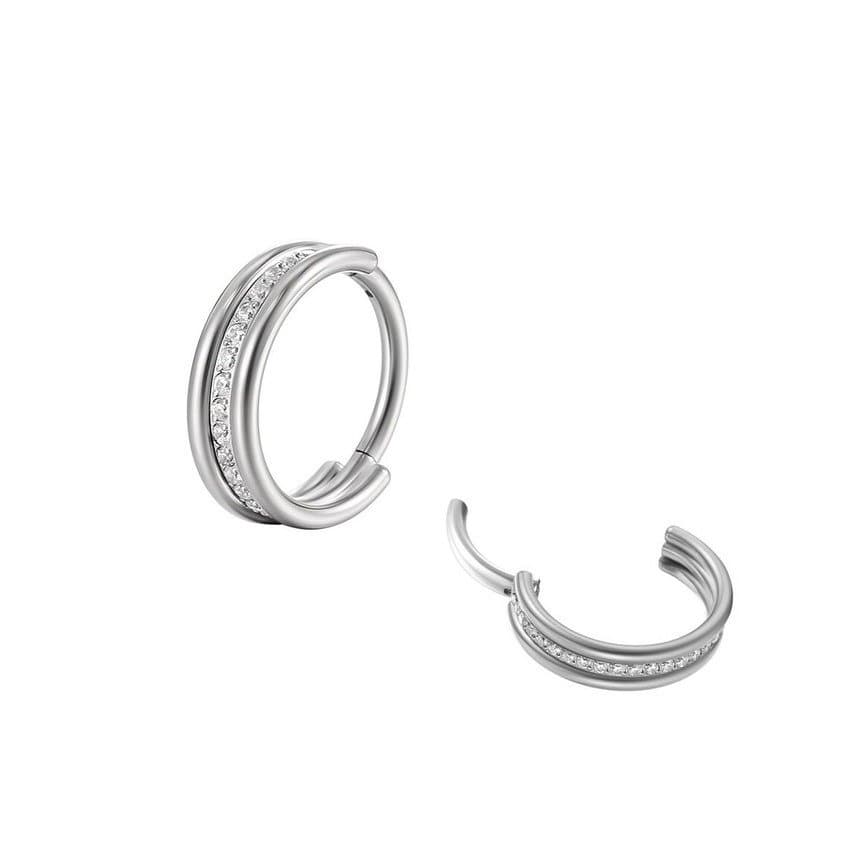 Piercing Hélix Conch Argola Clicker Tripla em Titânio Natural com Zircônias