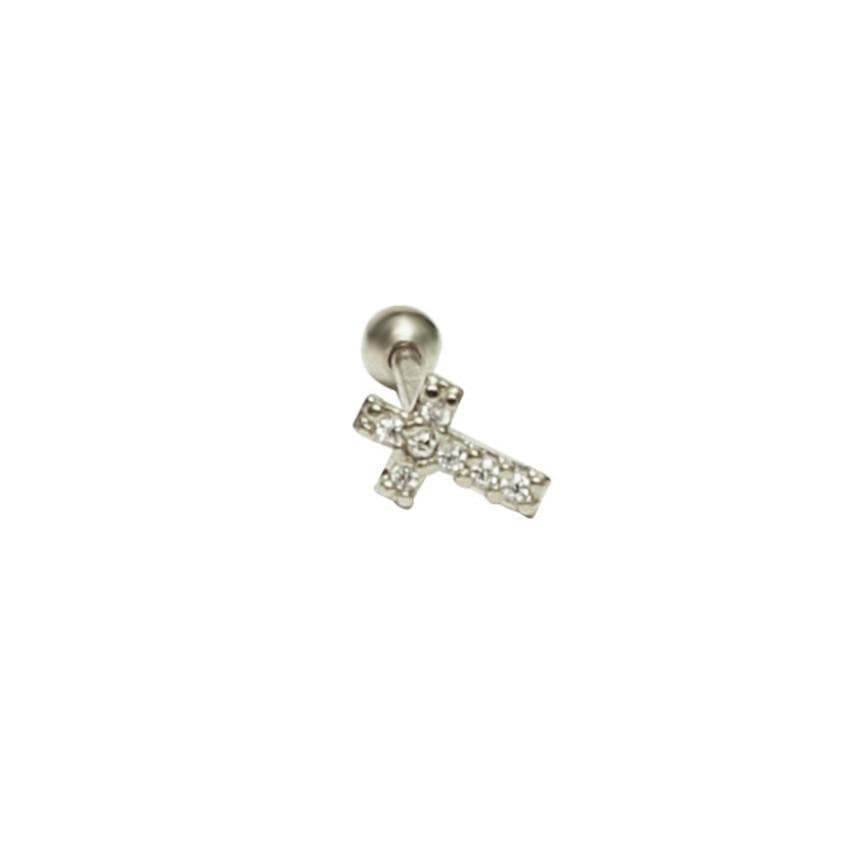 Piercing Tragus Cruz Cravejada Folheada a Ouro Branco