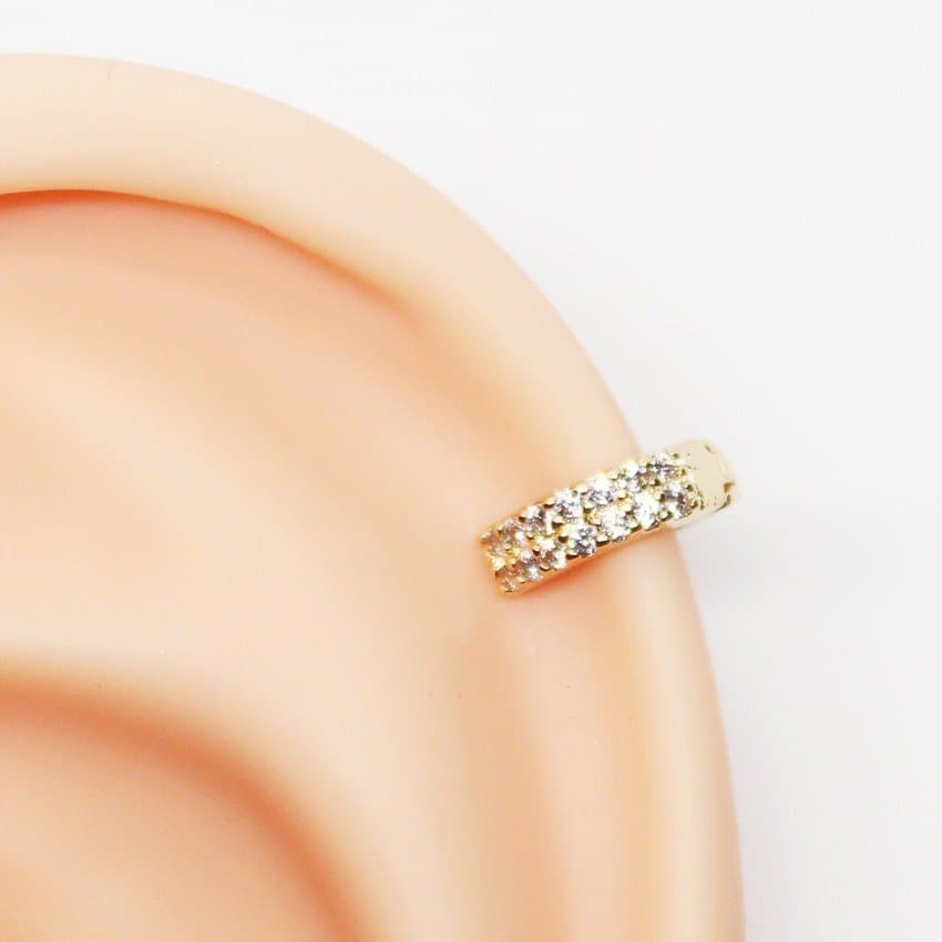 Piercing Hélix Folheado a Ouro Clicker com Zircônias Duas Fileiras