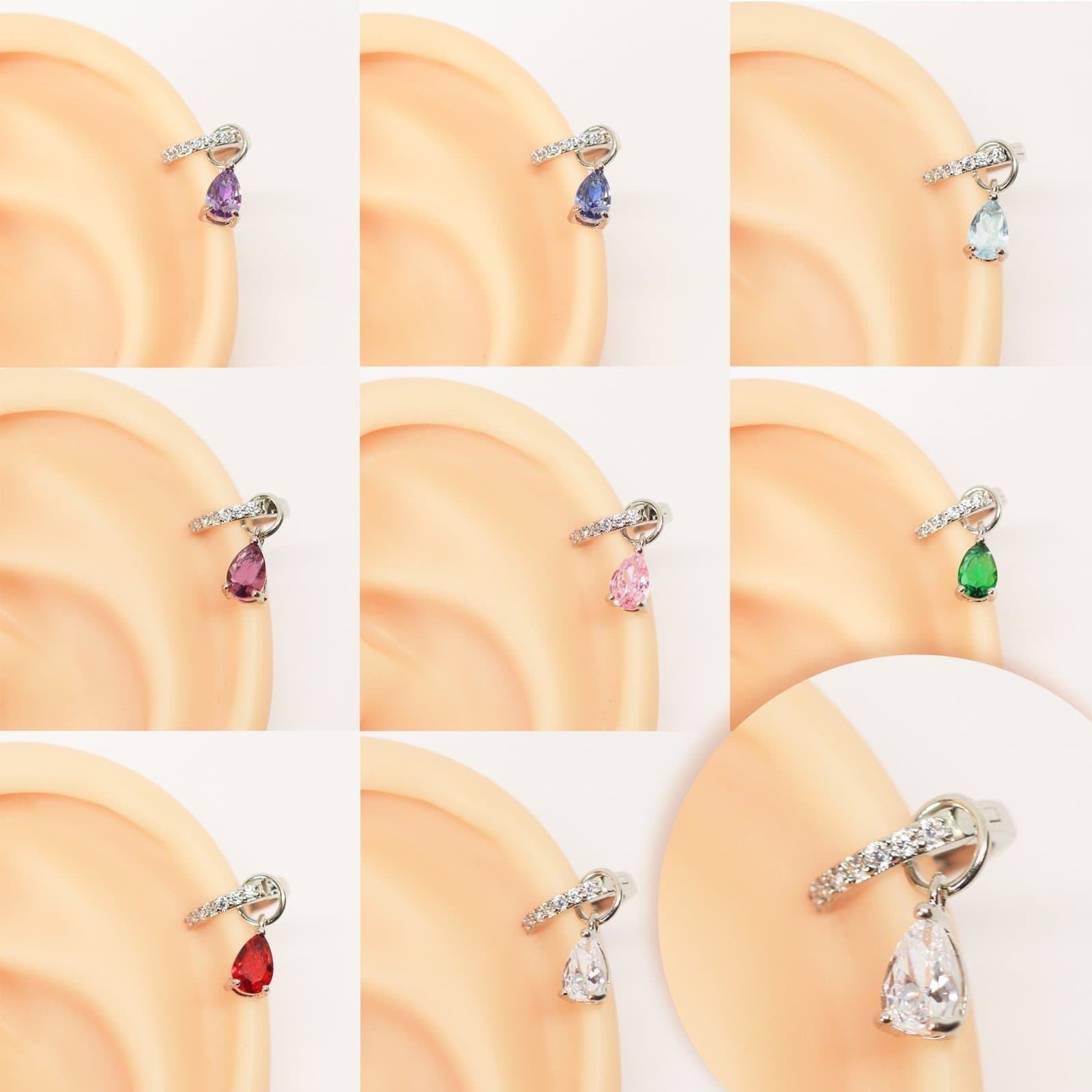 Piercing Hélix Pendente Zircônia Gota Folheado a Ouro Branco (cor a escolher)