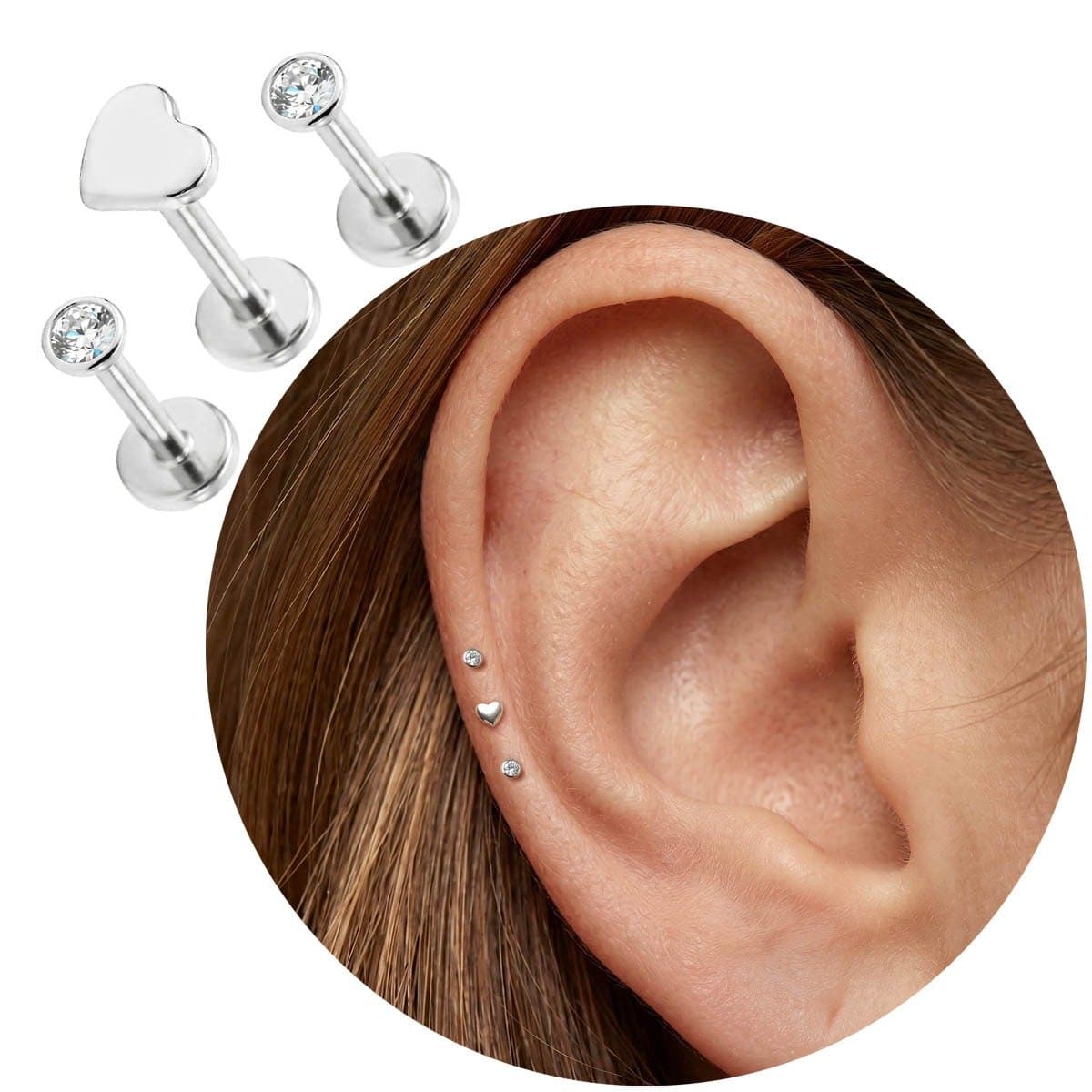 Piercing Australiano Prata 925 Coração Labret Fecho Push In Kit ou Unidade