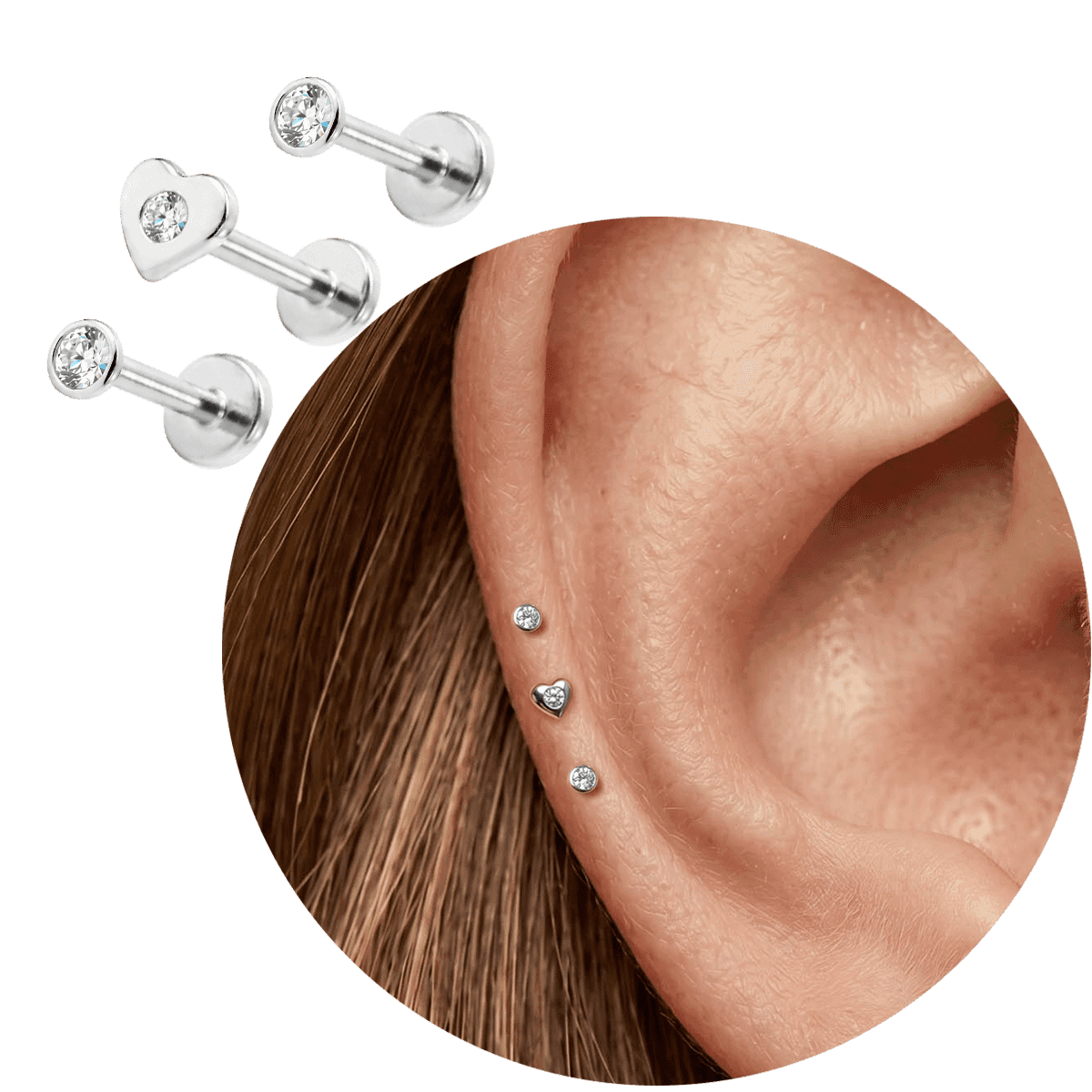 Piercing Australiano Prata 925 Coração com Zircônia Labret Fecho Push In Kit ou Unidade