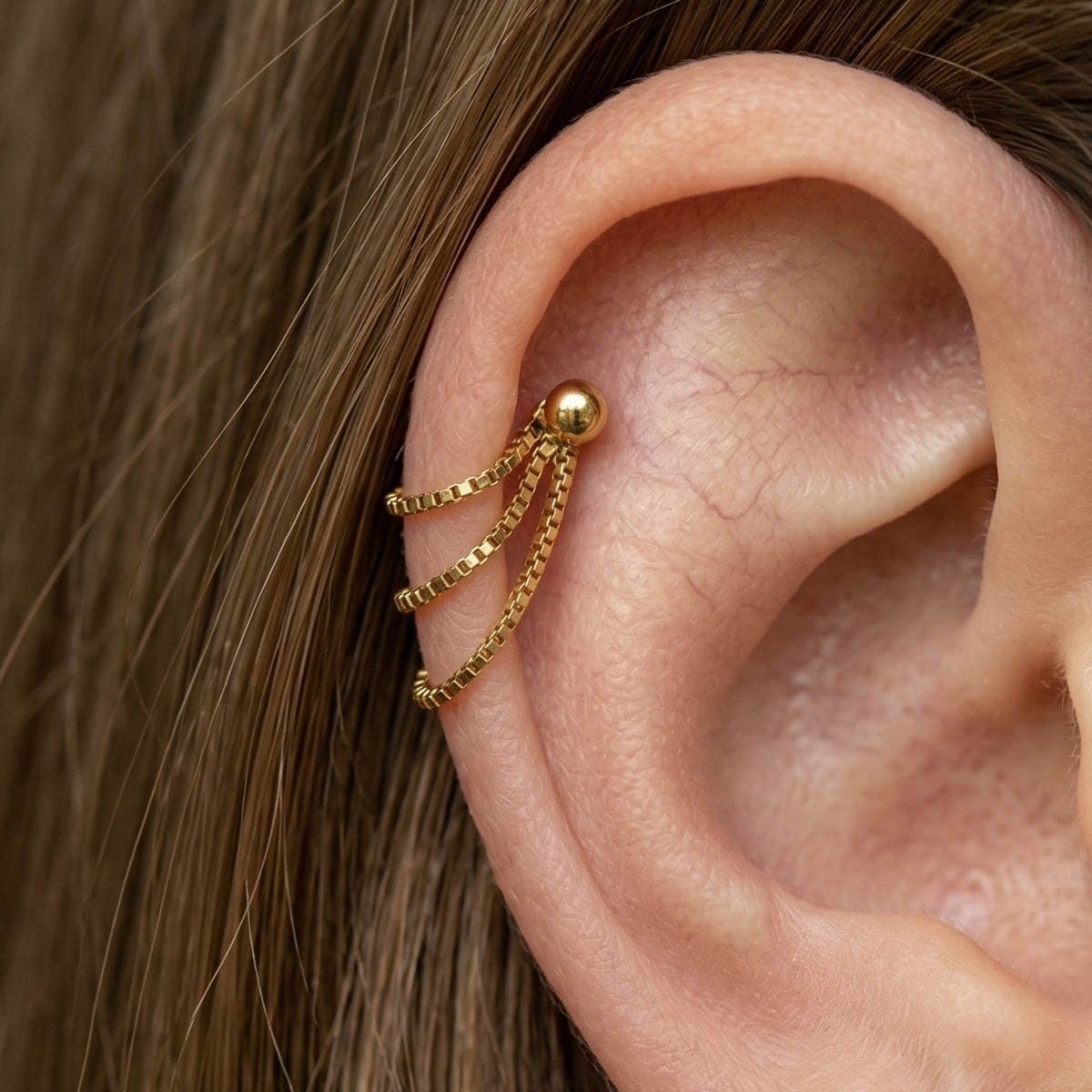 Piercing Corrente Tripla Veneziana Folheada Hélix Orelha Cartilagem