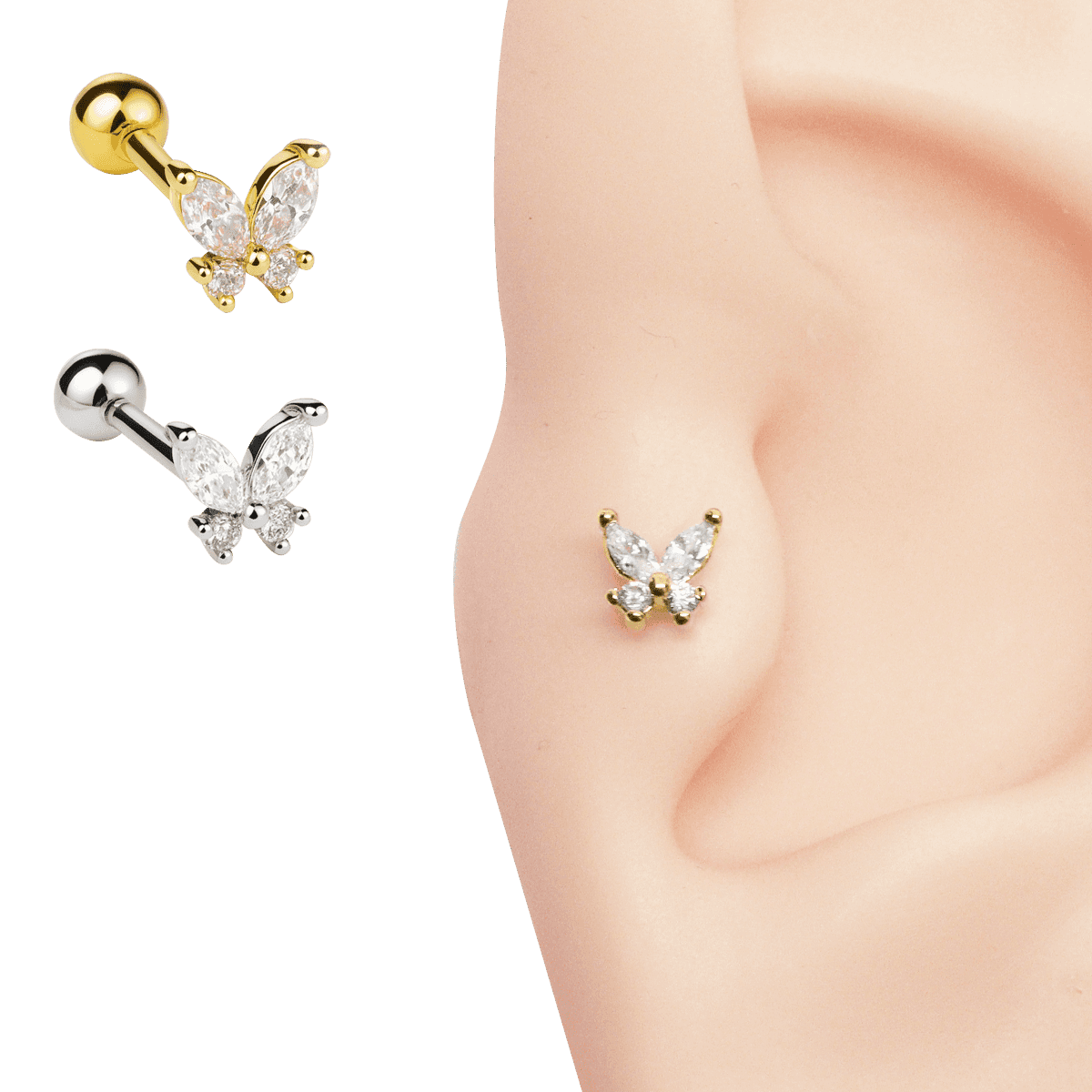 Piercing Helix Trágus Borboleta Delicada Cravejada Folheada