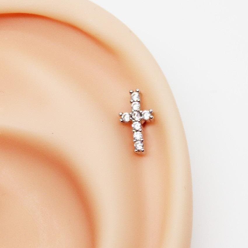Piercing Hélix Cruz Cravejada Folheada a Ouro Branco