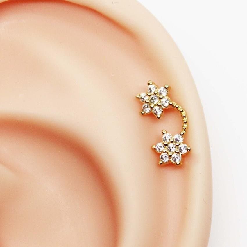 Piercing Hélix Cluster Duas Flores Folheado a Ouro