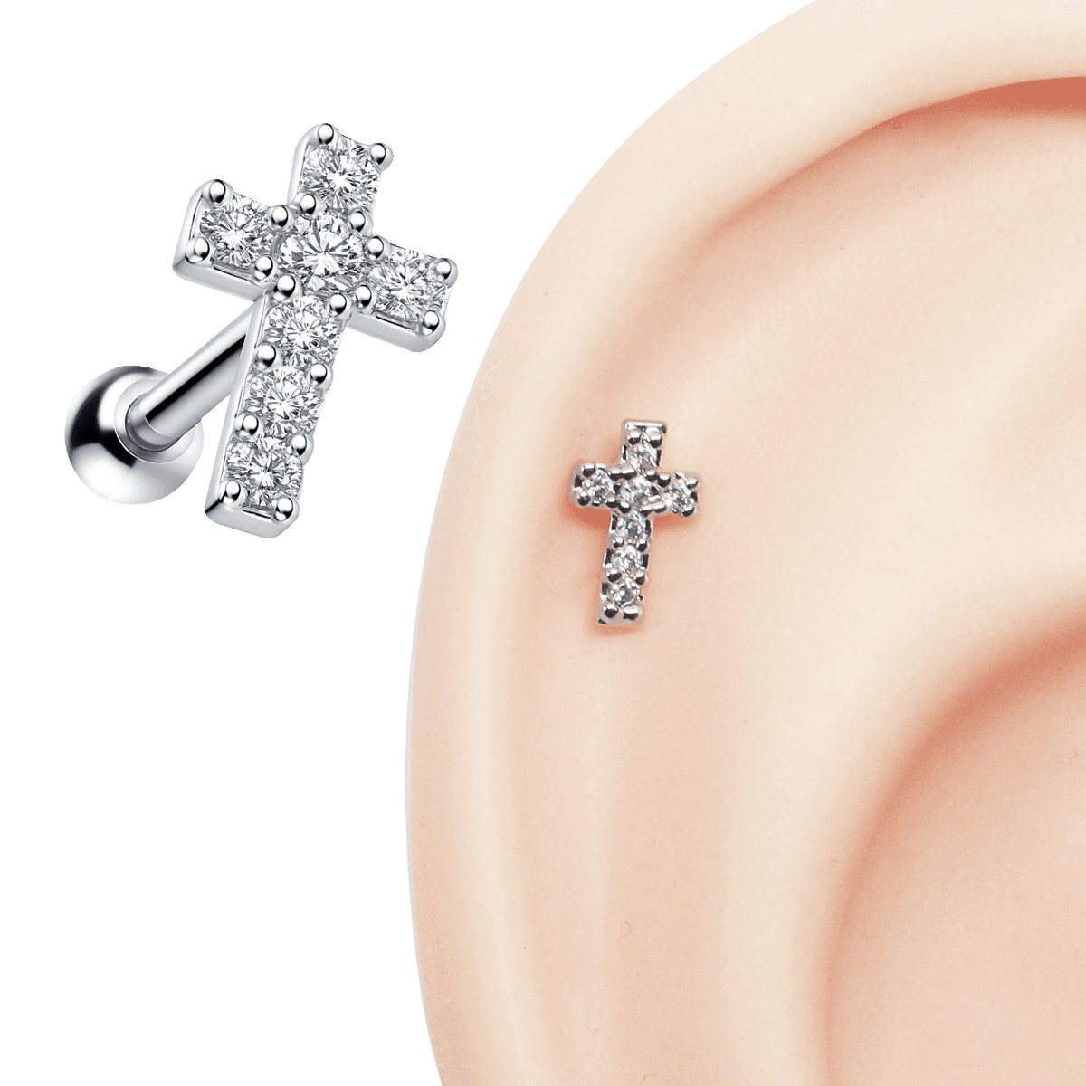 Piercing Hélix Mini Cruz Cravejada Folheada a Ouro Branco