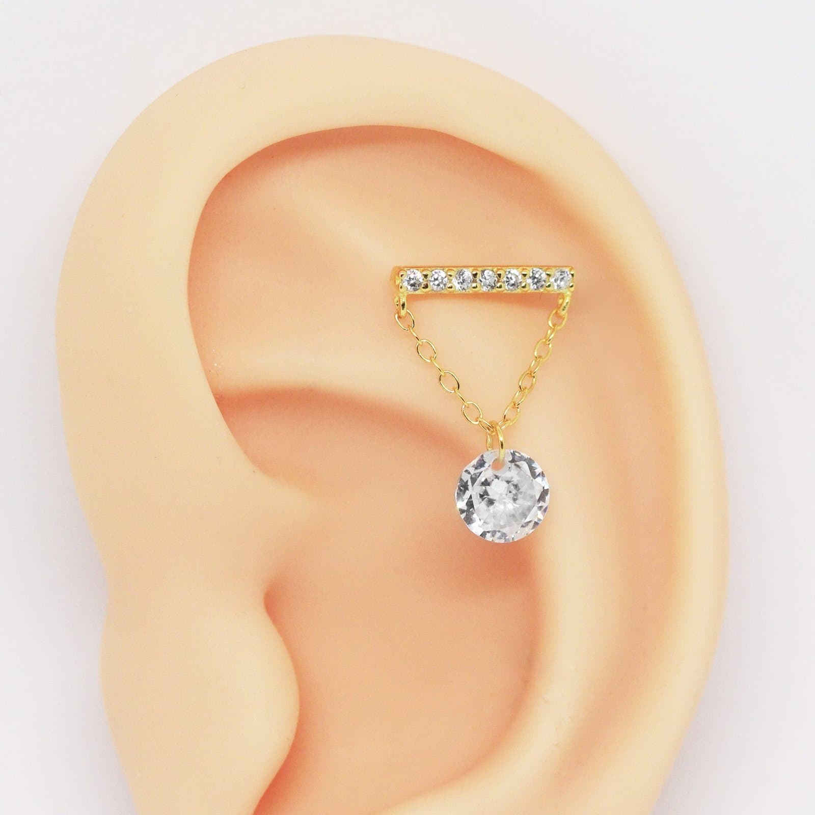Piercing Flat Barra com Pendente Cristal em Prata 925 Folheada a Ouro